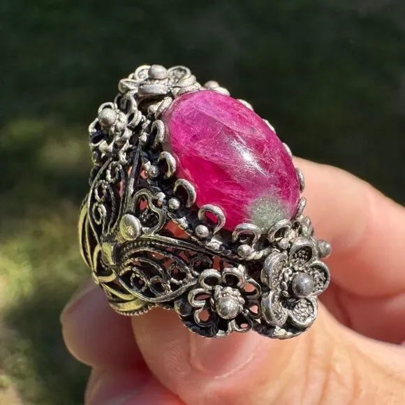 Vintage Sterling Silver Filigree Ring Size 8.5 DGS 925 Turkey Ruby Zoisite Cab